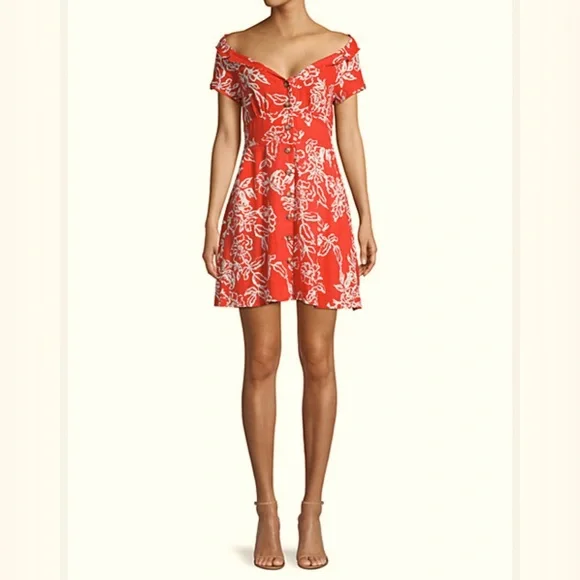 FREE PEOPLE Women Red Linen Floral Short Sleeve V Neck Mini Party Sheath  Dress